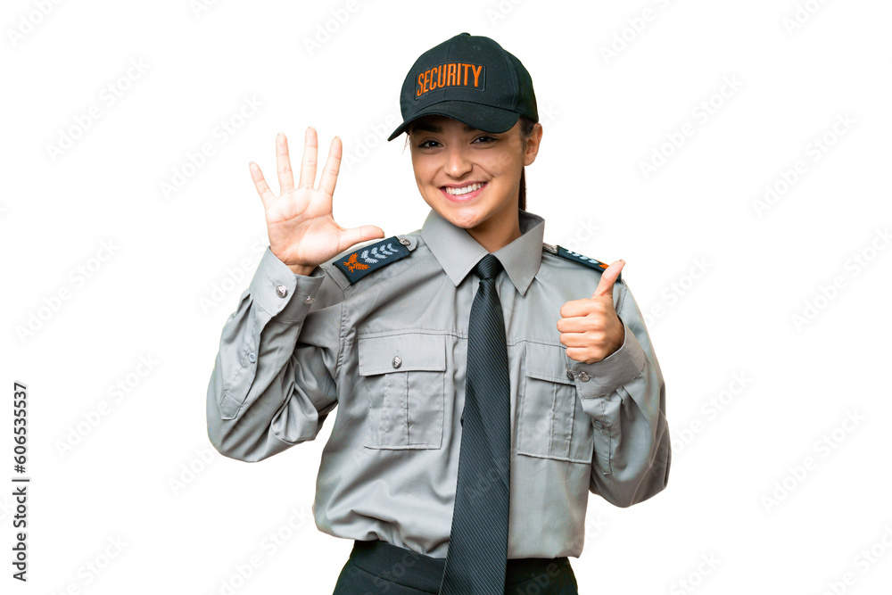 Young safeguard woman over isolated chroma key background counting six with fingers Young safeguard woman over isolated chroma key background counting six with fingers