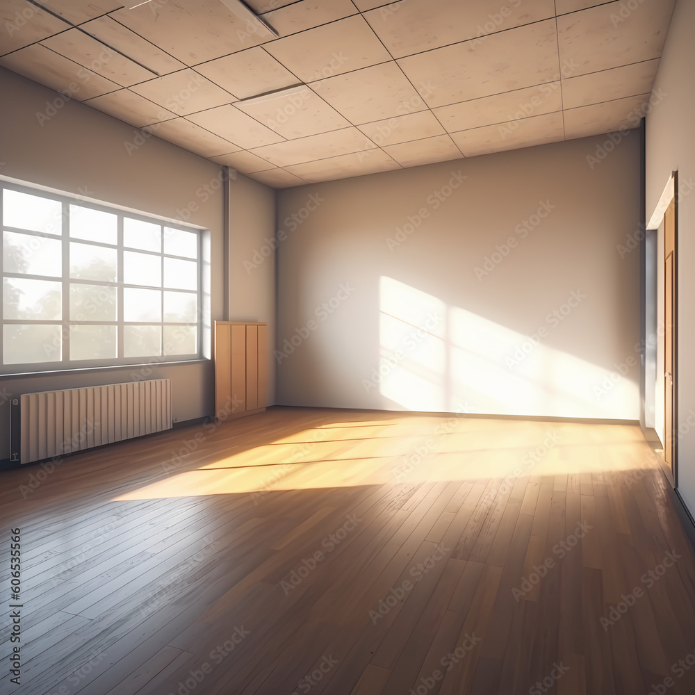 Obraz premium Clean, empty room with wooden floor, sun is shining trough one big window