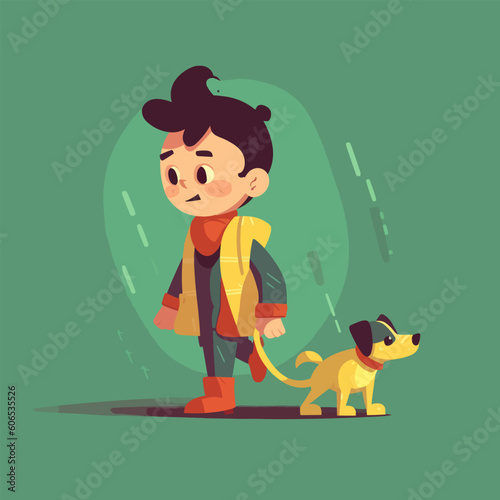 Flat vector boy walking dog in melancholy vector illustration
