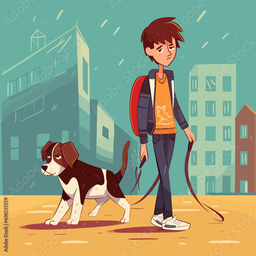 Flat vector boy walking dog in melancholy vector illustration
