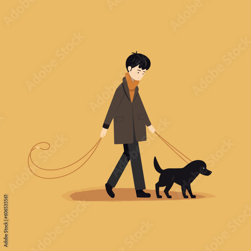 Flat vector boy walking dog in melancholy vector illustration

