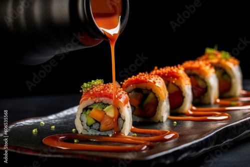 Tamari sauce being poured on sushi rolls on a black stone plate