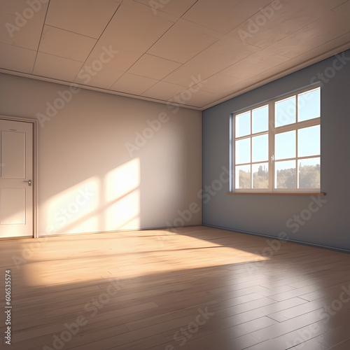 Clean, empty room with wooden floor, sun is shining trough the window