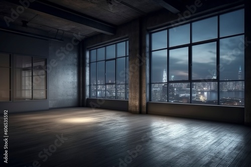 Large loft space with city view window, created with generative AI