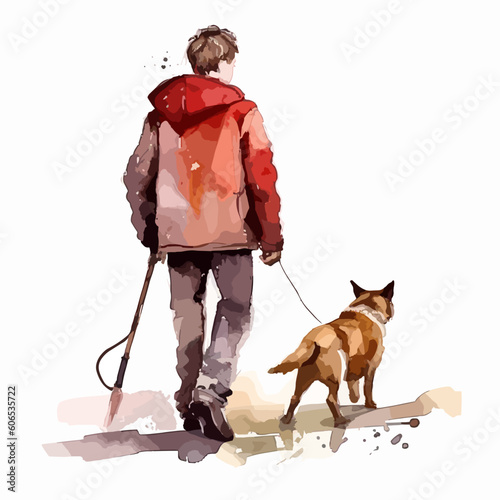 Watercolor boy walking dog in melancholy vector illustration
