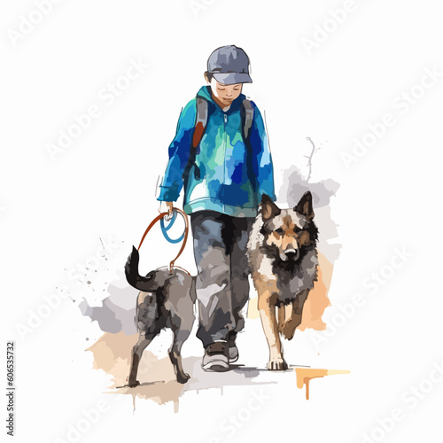 Watercolor boy walking dog in melancholy vector illustration
