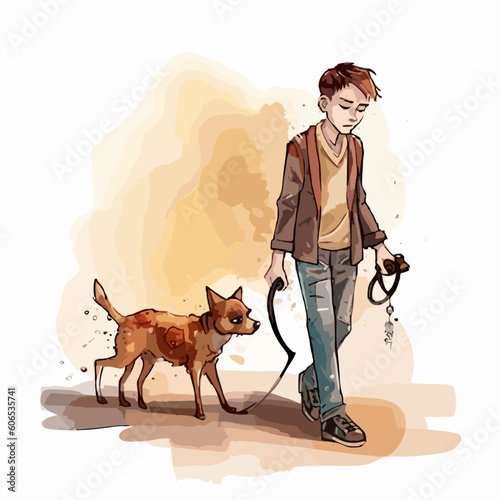 Watercolor boy walking dog in melancholy vector illustration
