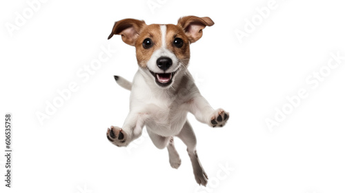 Fotografie, Tablou A happy jumping dog in the air on a transparent background, Generative AI