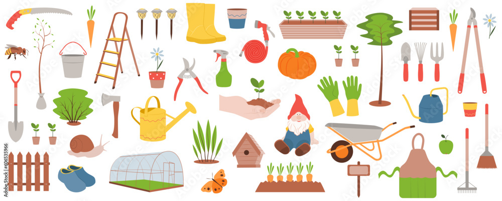 Set of objects and accessories necessary for gardening and farming.Isolated vector illustration. Set of objects and accessories necessary for gardening and farming.Isolated vector illustration.