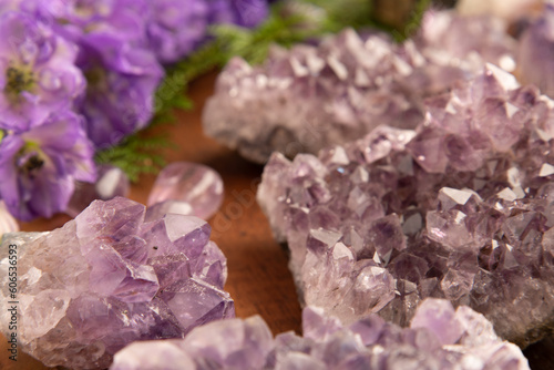 Gemstones and Crystals on Vintage Wooden Table