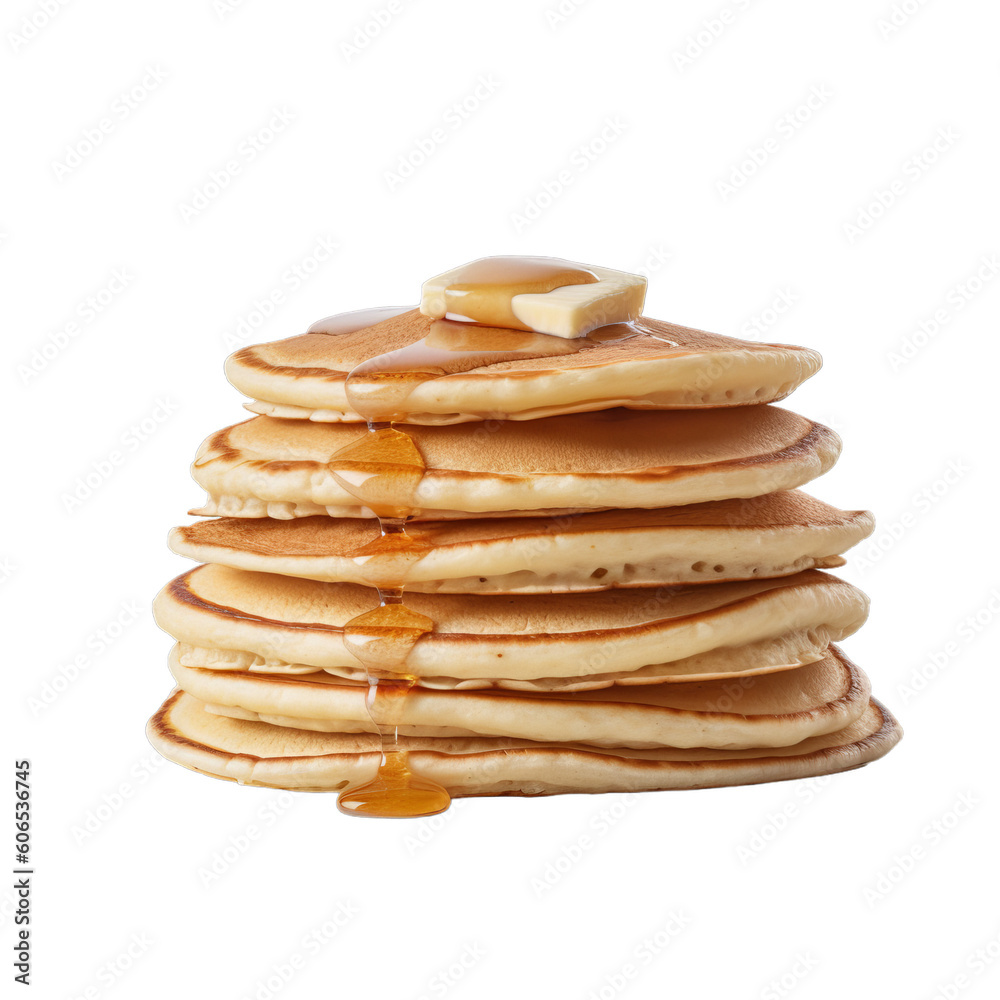 A stack of pancakes with butter and maple syrup on a transparent background, Generative AI A stack of pancakes with butter and maple syrup on a transparent background, Generative AI