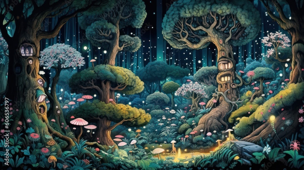 Obraz premium Depict a whimsical forest filled with enchanted trees, talking animals, and hidden magical beings