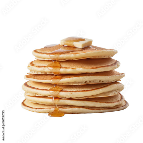 A stack of pancakes with butter and maple syrup on a transparent background, Generative AI