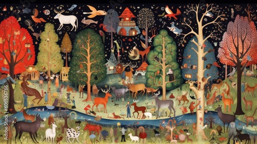 Depict a whimsical forest filled with enchanted trees, talking animals, and hidden magical beings © Damian Sobczyk