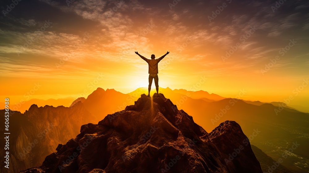 Silhouette of successful businessman keeping hands up hiking on the top of mountain - Celebrating success, winner and leader concept, Generative AI