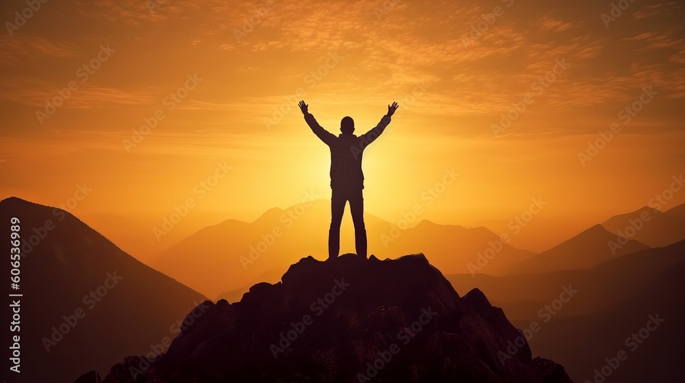 Silhouette of successful businessman keeping hands up hiking on the top of mountain - Celebrating success, winner and leader concept, Generative AI