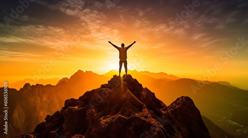 Silhouette of successful businessman keeping hands up hiking on the top of mountain - Celebrating success, winner and leader concept, Generative AI © Ameer
