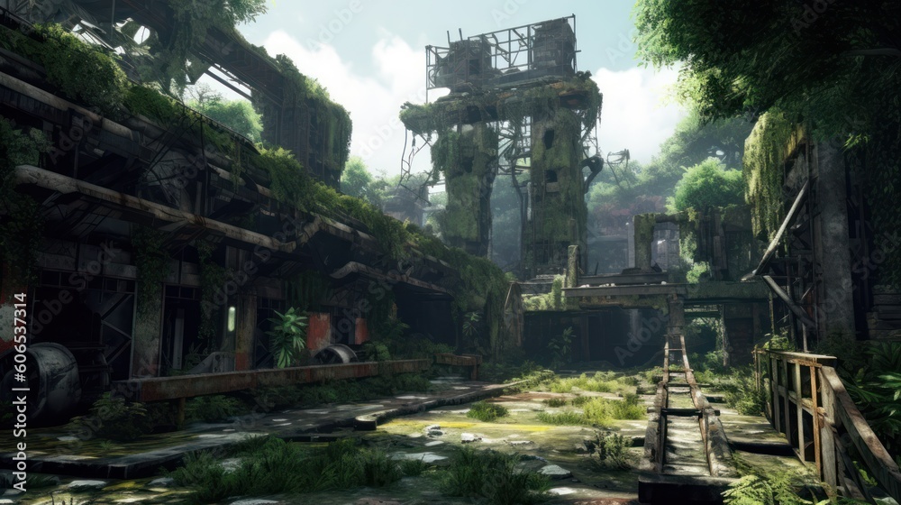 Desolate and post - apocalyptic environment with crumbling structures, overgrown vegetation, and remnants of advanced technology Desolate and post - apocalyptic environment with crumbling structures, overgrown vegetation, and remnants of advanced technology