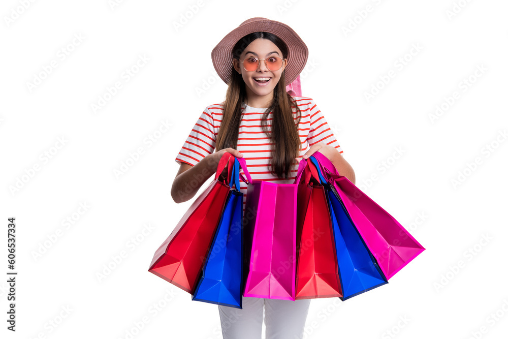 image of amazed teen girl at shopping sale with bags. teen girl at shopping sale isolated on white image of amazed teen girl at shopping sale with bags. teen girl at shopping sale isolated on white