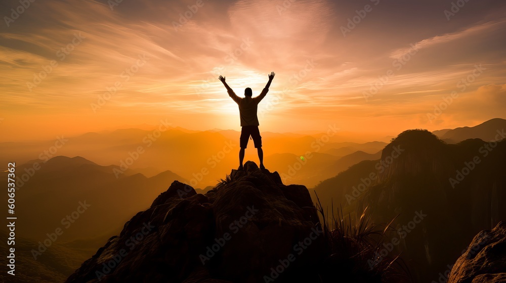 Silhouette of successful businessman keeping hands up hiking on the top of mountain - Celebrating success, winner and leader concept, silhouette of a person standing on a rock, Generative AI