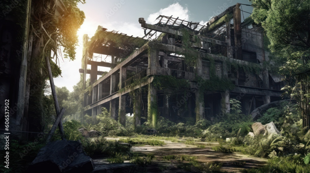 Desolate and post - apocalyptic environment with crumbling structures, overgrown vegetation, and remnants of advanced technology Desolate and post - apocalyptic environment with crumbling structures, overgrown vegetation, and remnants of advanced technology