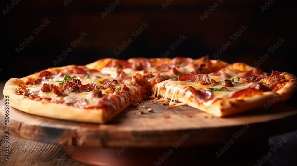 Still life of the Tasty Pizza. Delicious pizza on a wooden table with ingredients. Pizza with bacon cheese and tomatoes. Food still life concept. AI generated