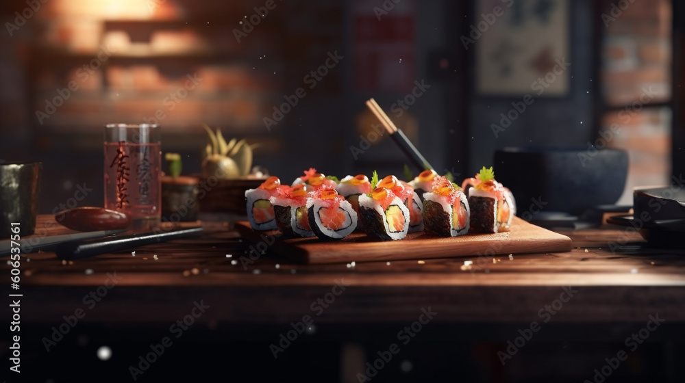 Sushi rolls with salmon, avocado, cream cheese and cucumber. Sushi rolls on wooden table in restaurant, shallow depth of field. Still life. Asian food.  Set of Japanese sushi. AI generated image