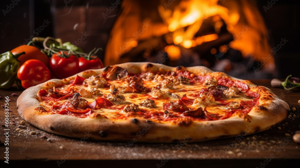 Tasty Pizza in front of a fireplace. Delicious pizza on a wooden table wood burning stove  on a background with fire. Pizza with bacon cheese and tomatoes. Food still life concept. AI generated
