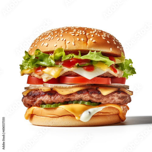 Big hamburger with beef, cheese, tomato and lettuce isolated on white background. AI generated image