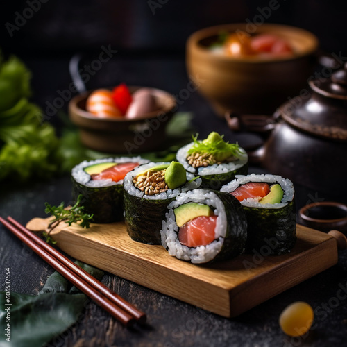 Sushi rolls with salmon, avocado, cream cheese and cucumber. Sushi rolls on wooden table in restaurant, shallow depth of field. Still life. Asian food. Set of Japanese sushi. AI generated image