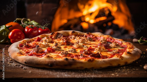 Tasty Pizza in front of a fireplace. Delicious pizza on a wooden table wood burning stove on a background with fire. Pizza with bacon cheese and tomatoes. Food still life concept. AI generated