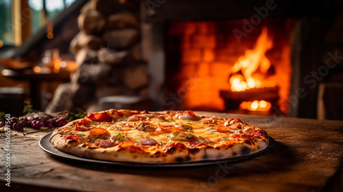 Tasty Pizza in front of a fireplace. Delicious pizza on a wooden table wood burning stove on a background with fire. Pizza with bacon cheese and tomatoes. Food still life concept. AI generated