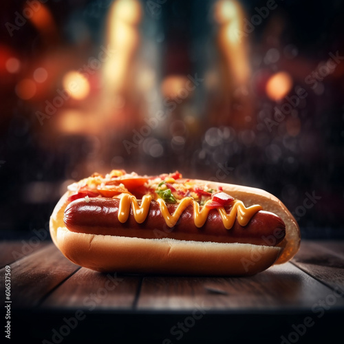 Hot dog with mustard and ketchup on a black background with bokeh lights. Still life food concept. AI generated image