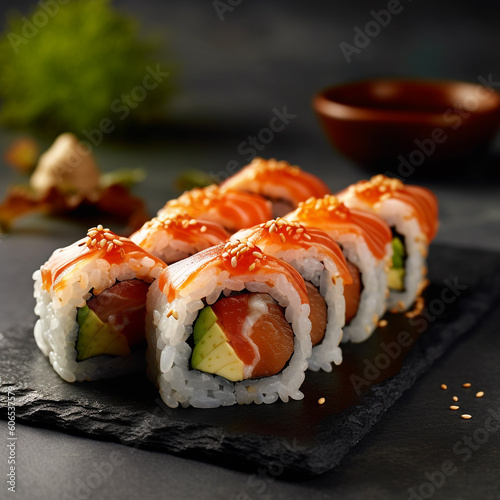 Sushi rolls with salmon, avocado, cream cheese and cucumber. Sushi rolls on wooden table in restaurant, shallow depth of field. Still life. Asian food. Set of Japanese sushi. AI generated image
