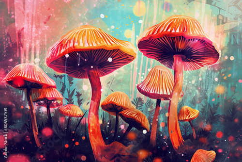 A group of mushrooms sitting on top of a lush green field. Generative AI.