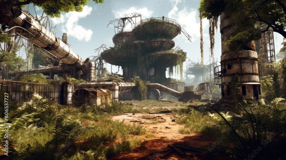 Desolate and post - apocalyptic environment with crumbling structures, overgrown vegetation, and remnants of advanced technology Desolate and post - apocalyptic environment with crumbling structures, overgrown vegetation, and remnants of advanced technology