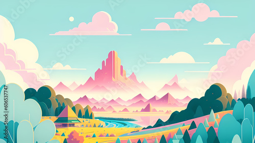nature landscape cartoon in pastel color background by generative ai