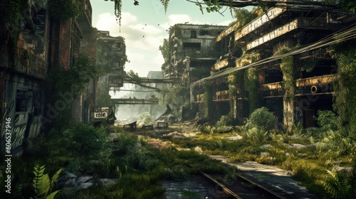Desolate and post - apocalyptic environment with crumbling structures, overgrown vegetation, and remnants of advanced technology © Damian Sobczyk