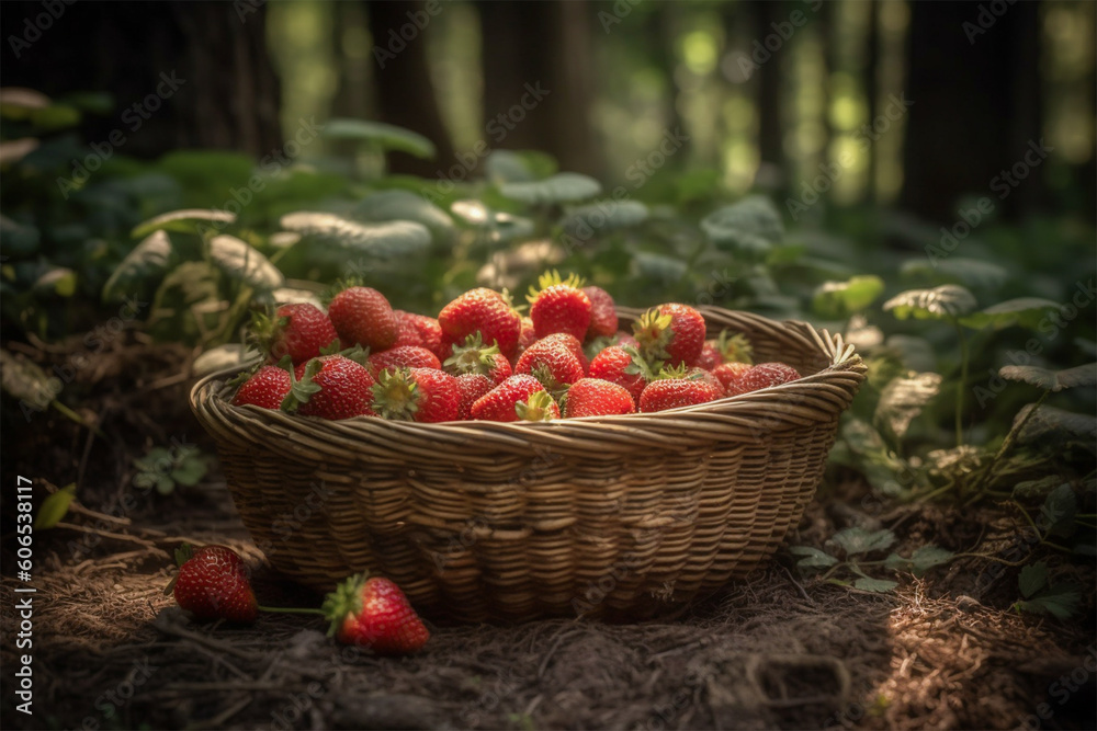 Bright red strawberries standing in a wicker basket in the forest.Close up view.Created with generative ai Bright red strawberries standing in a wicker basket in the forest.Close up view.Created with generative ai