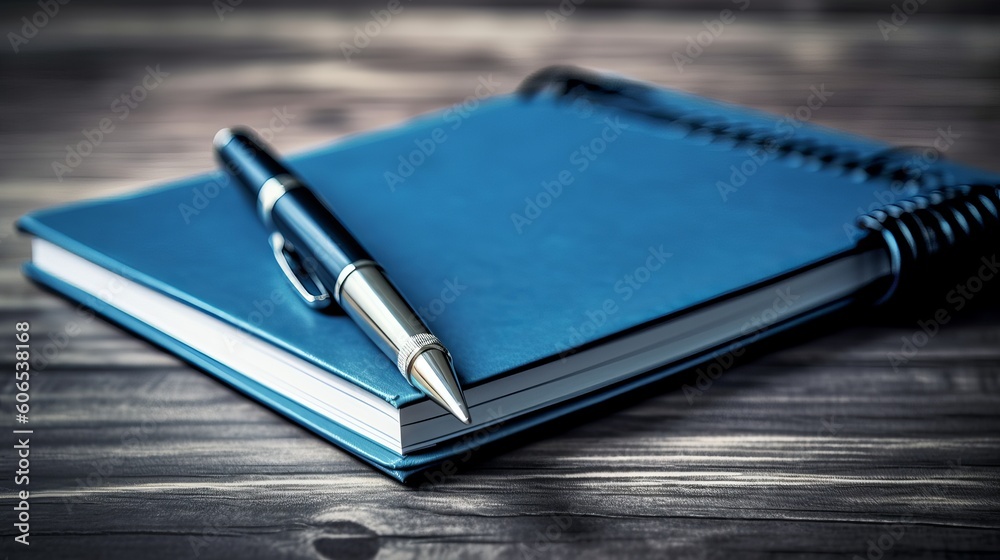 Notepad on a table with pen before meeting, blue tone, business concept with copy space, Generative AI Notepad on a table with pen before meeting, blue tone, business concept with copy space, Generative AI