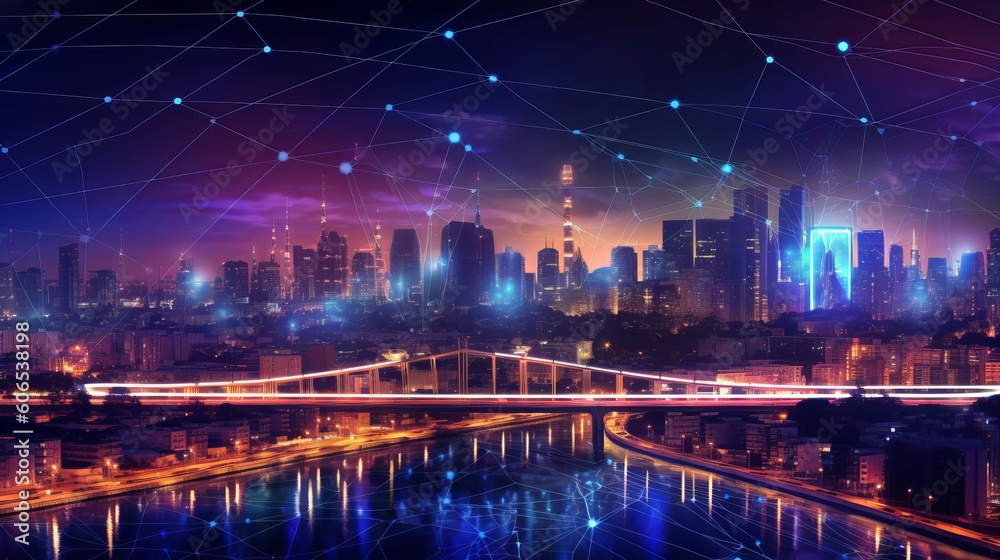 Modern city with wireless network connection and city scape concept. Wireless network and Connection technology concept with city background at night, night city skyline, Generative AI