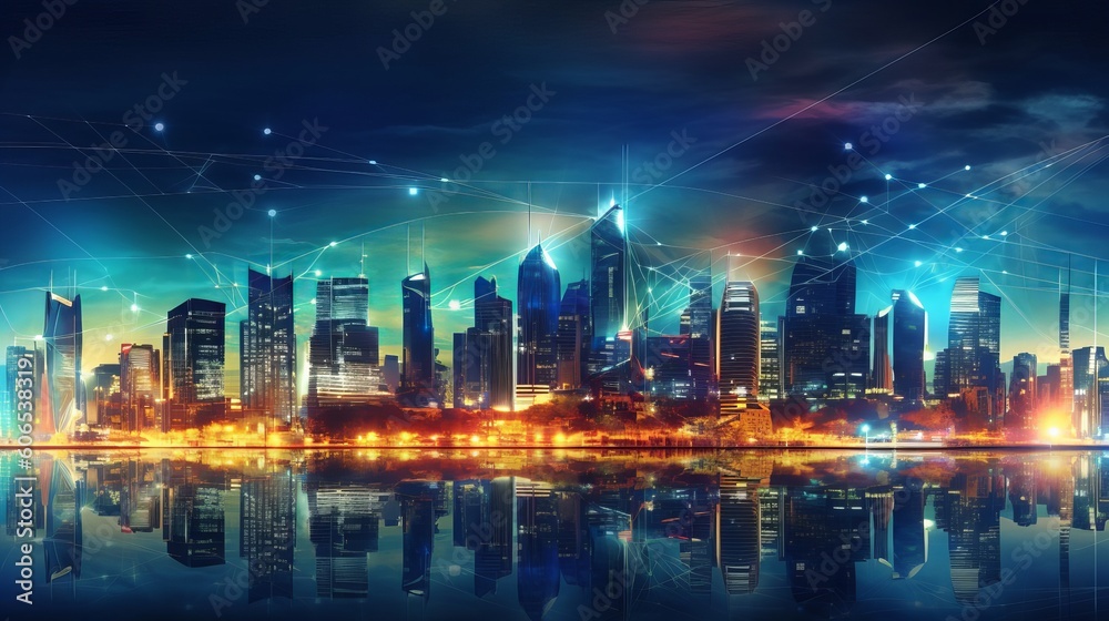 Modern city with wireless network connection and city scape concept. Wireless network and Connection technology concept with city background at night, Generative AI Modern city with wireless network connection and city scape concept. Wireless network and Connection technology concept with city background at night, Generative AI