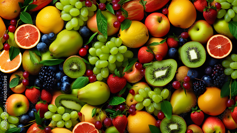 An overhead shot of a beautifully arranged fruit platter with a variety of colorful and juicy fruits, ai generative An overhead shot of a beautifully arranged fruit platter with a variety of colorful and juicy fruits, ai generative