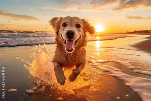 Fototapete An enchanting 4K wallpaper featuring an award-winning photograph of a playful Golden Retriever running on a sandy beach, with its ears flapping in the wind and a big smile on its face