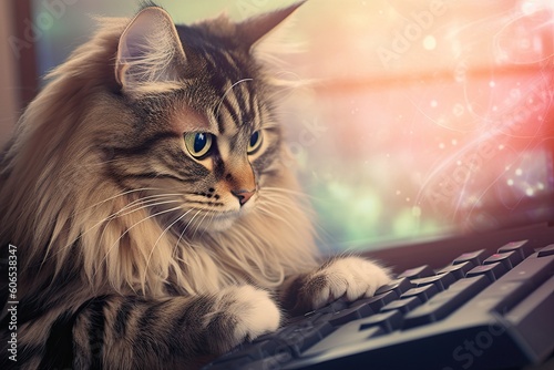 A whimsical wallpaper featuring a close-up photograph of a curious Maine Coon cat with its paw on a computer mouse. Fairy tale illustration. Generative AI. 