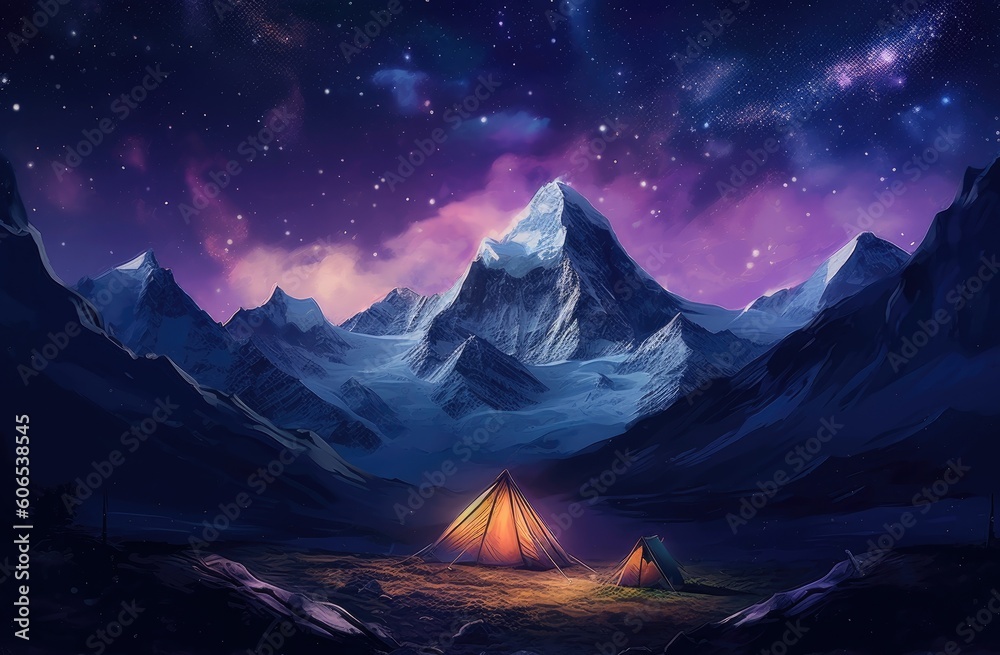 a black tent that is lit up at night with mountains Generative AI