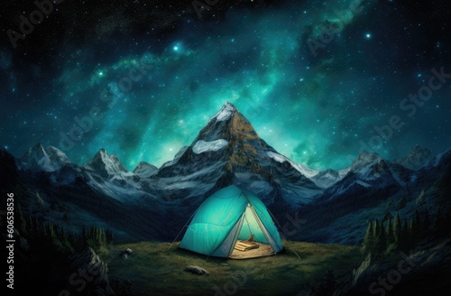 a tent with the milky way in the night sky is in front of mountains Generative AI