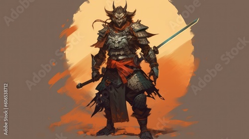 Fierce samurai warrior in traditional armor  wielding a katana and exuding an aura of honor and determination
