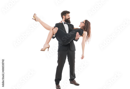Celebrate marriage. Happy wife husband in love. Sincere love. Carry on hands. Sexy girl enjoy attention. Man well groomed guy in tuxedo carry woman. Love from first sight. Wedding party. She said yes