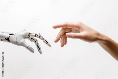 Human and robotic hand reaching towards each other. Generative AI illustration